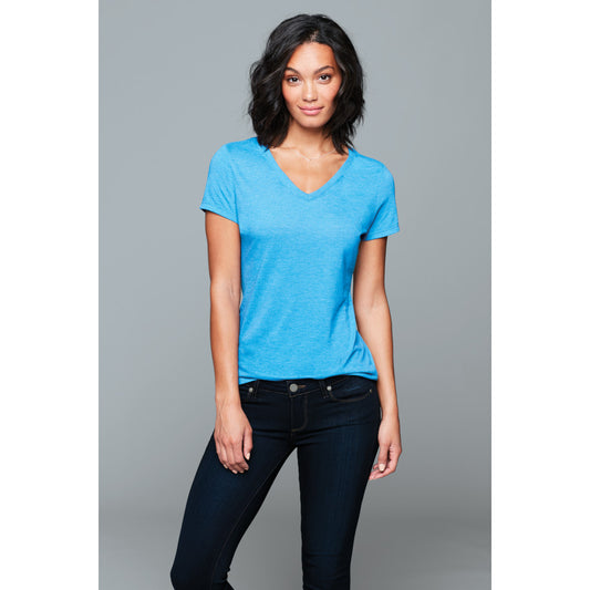 model in district womens perfect tri v-neck tee turquoise frost