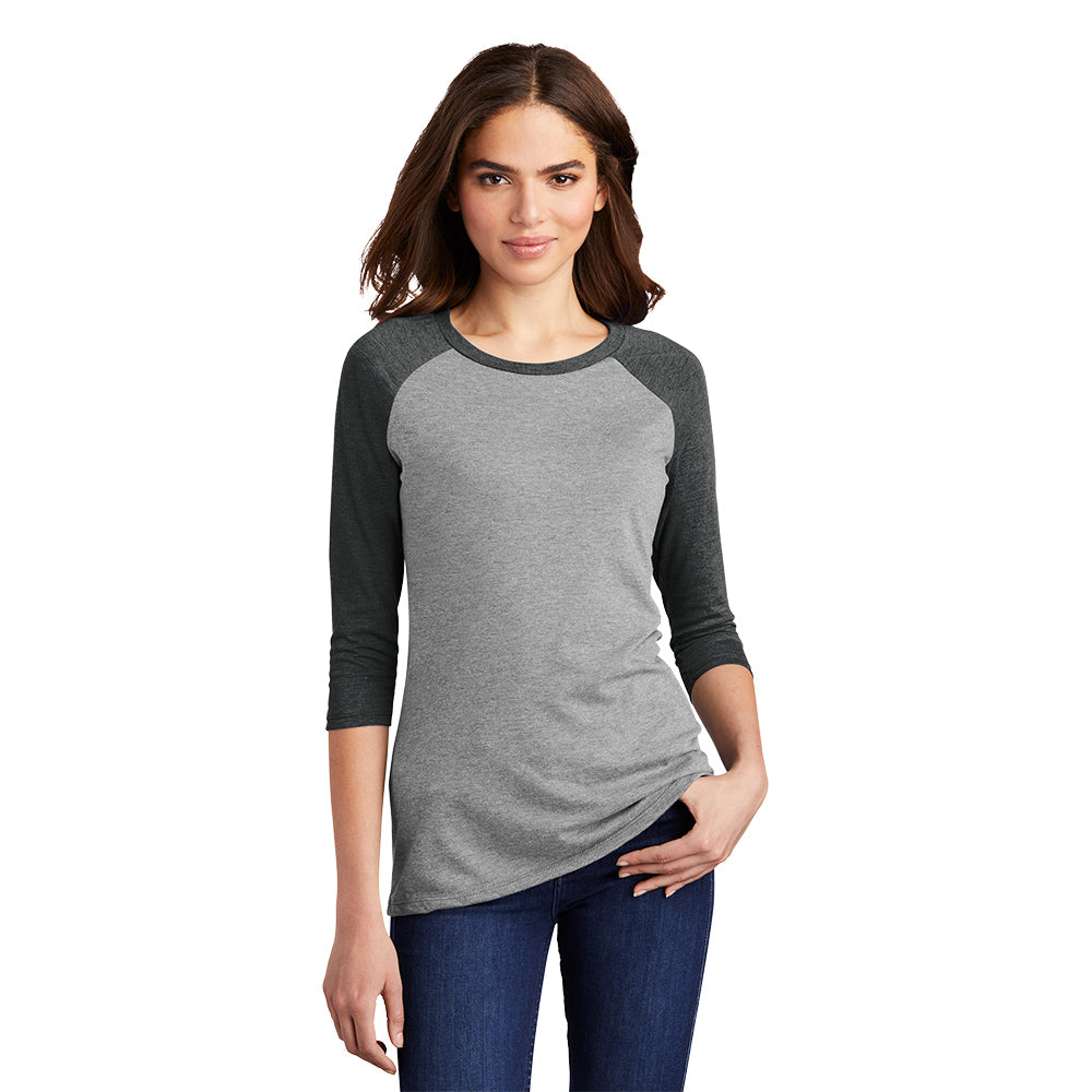 model in district womens perfect tri 3/4 sleeve raglan tee black frost grey frost