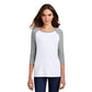model in district womens perfect tri 3/4 sleeve raglan tee grey frost white