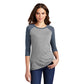 model in district womens perfect tri 3/4 sleeve raglan tee navy frost grey frost