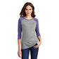 model in district womens perfect tri 3/4 sleeve raglan tee purple frost grey frost