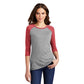model in district womens perfect tri 3/4 sleeve raglan tee red frost grey frost
