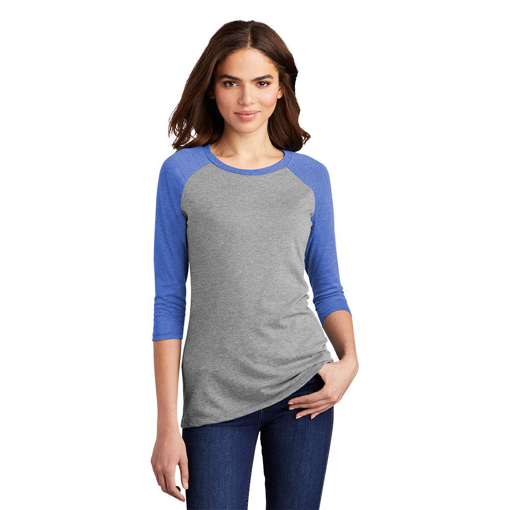 model in district womens perfect tri 3/4 sleeve raglan tee royal frost grey frost