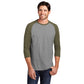 model in district perfect tri 3/4 sleeve raglan tee military green frost grey frost