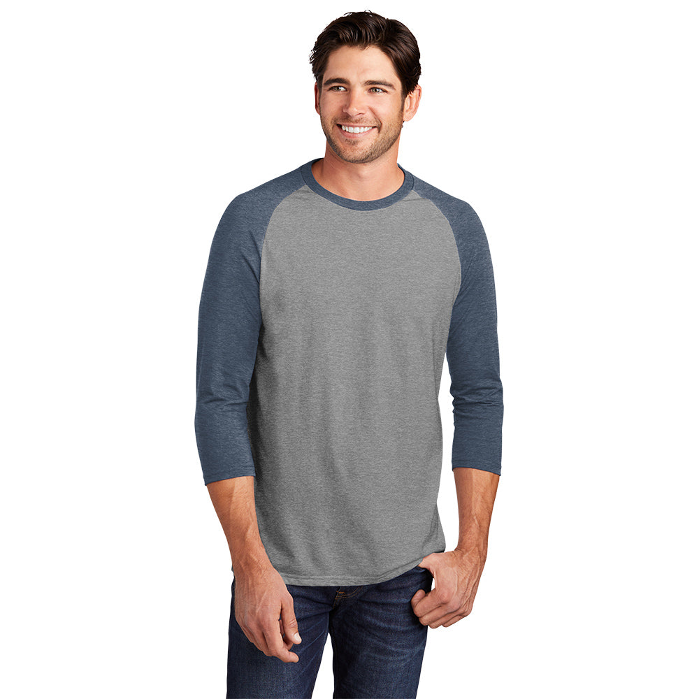 model in district perfect tri 3/4 sleeve raglan tee navy frost grey frost