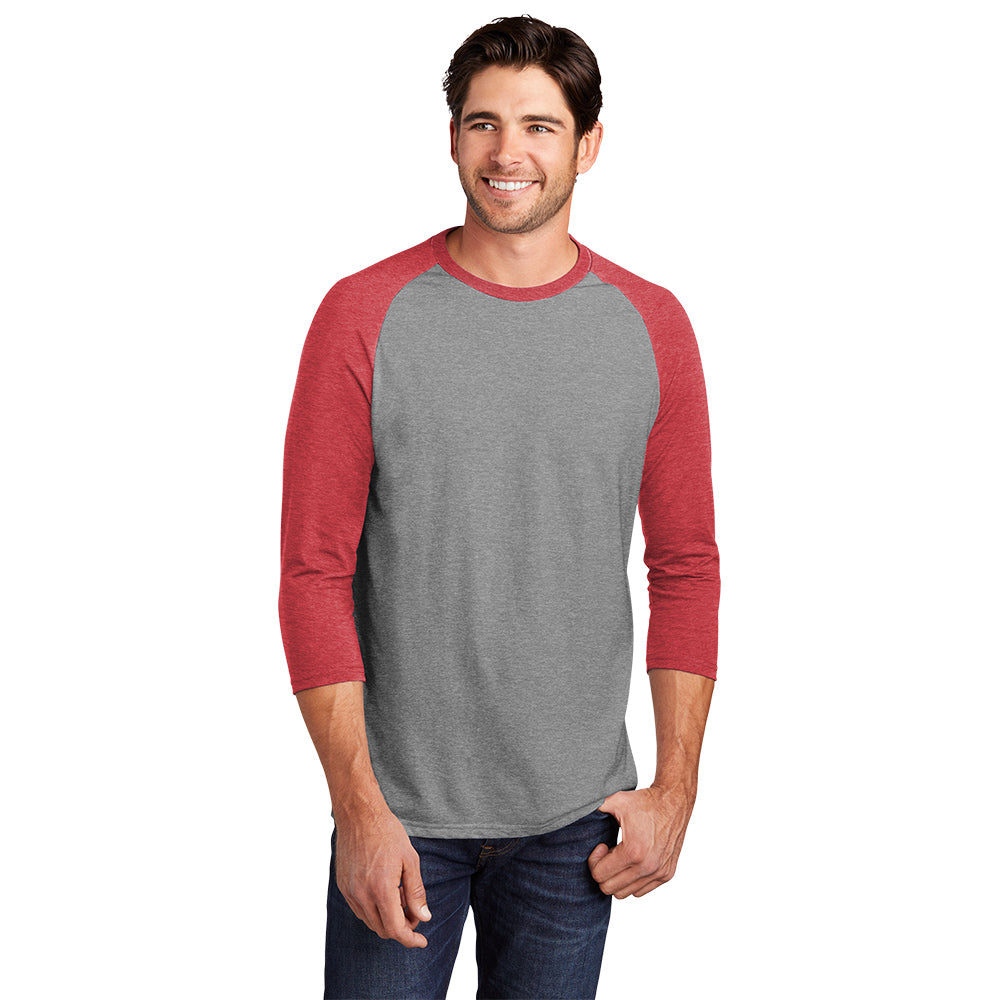 model in district perfect tri 3/4 sleeve raglan tee red frost grey frost