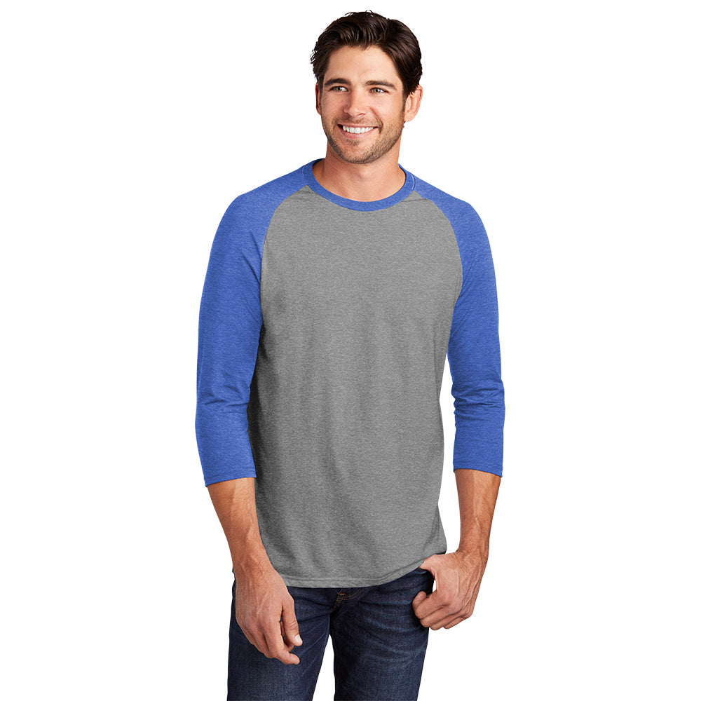 model in district perfect tri 3/4 sleeve raglan tee royal frost grey frost