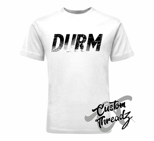 white tee with durm durham nc DTG printed design