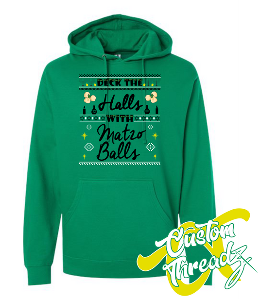 green hoodie with deck the halls with matzo balls DTG printed design