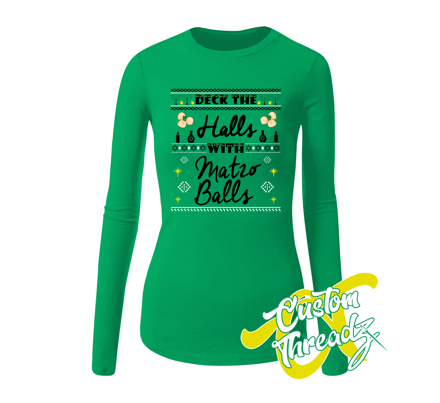 green womens long sleeve tee with deck the halls with matzo balls hanukkah DTG printed design