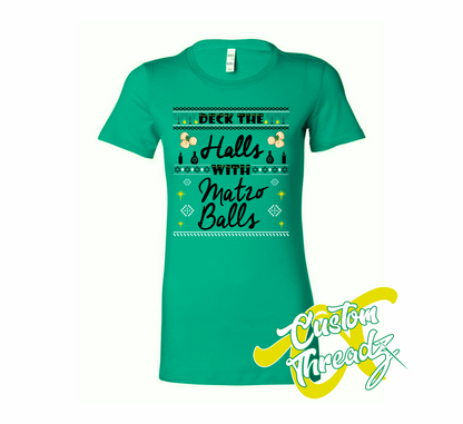 green womens tee with deck the halls with matzo balls hanukkah DTG printed design