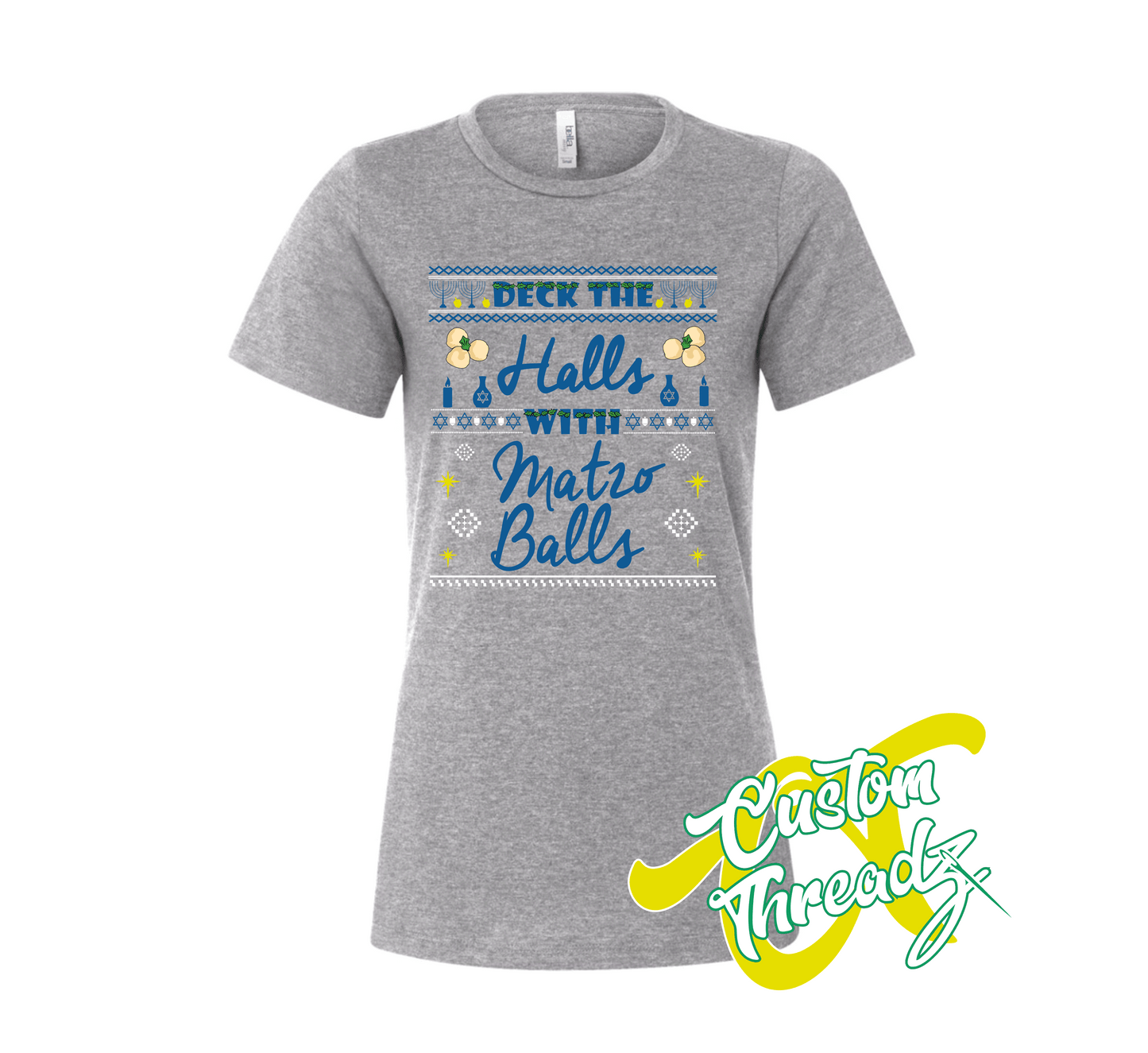 athletic heather grey womens tee with deck the halls with matzo balls hanukkah DTG printed design