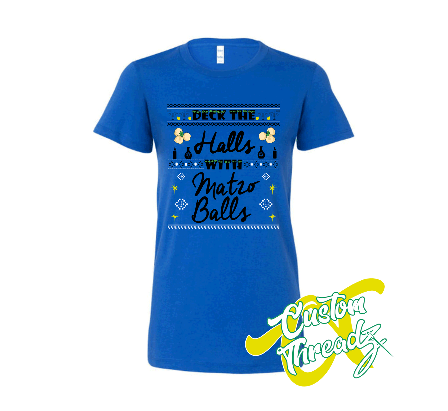 royal blue womens tee with deck the halls with matzo balls hanukkah DTG printed design
