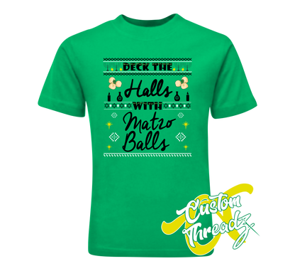 green tee with deck the halls with matzo balls hanukkah DTG printed design