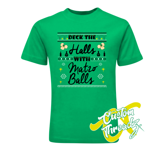 green tee with deck the halls with matzo balls hanukkah DTG printed design