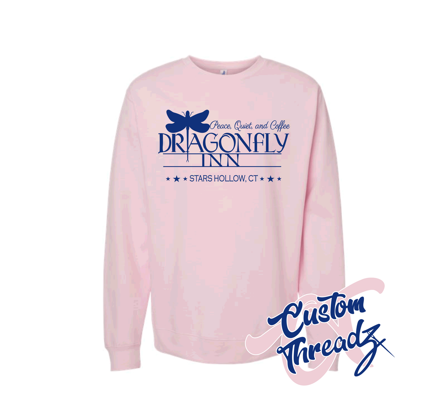 pink crewneck sweatshirt with the dragonfly inn gilmore girls DTG printed design