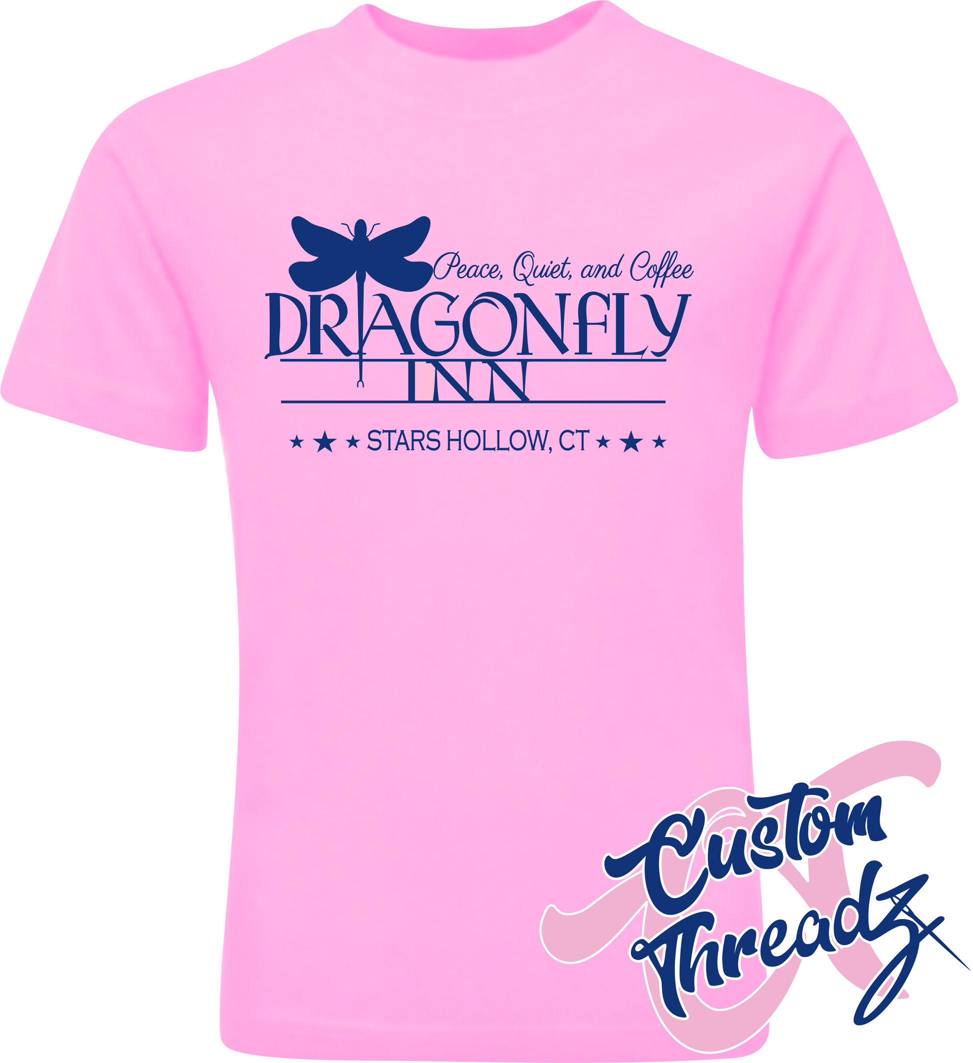 pink tee with dragonfly inn gilmore girls DTG printed design