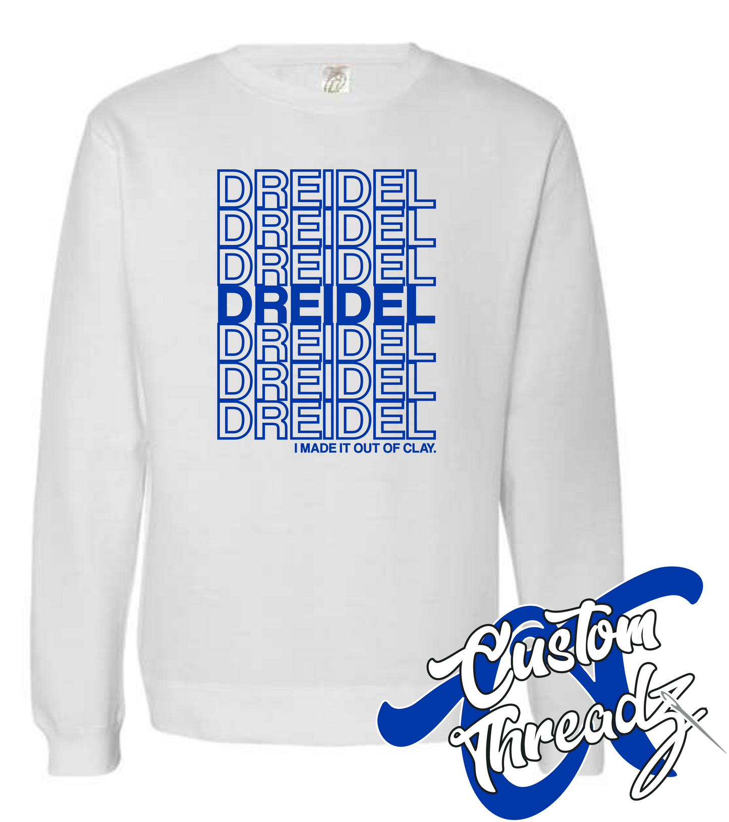 white crewneck sweatshirt with hanukkah dreidel DTG printed design