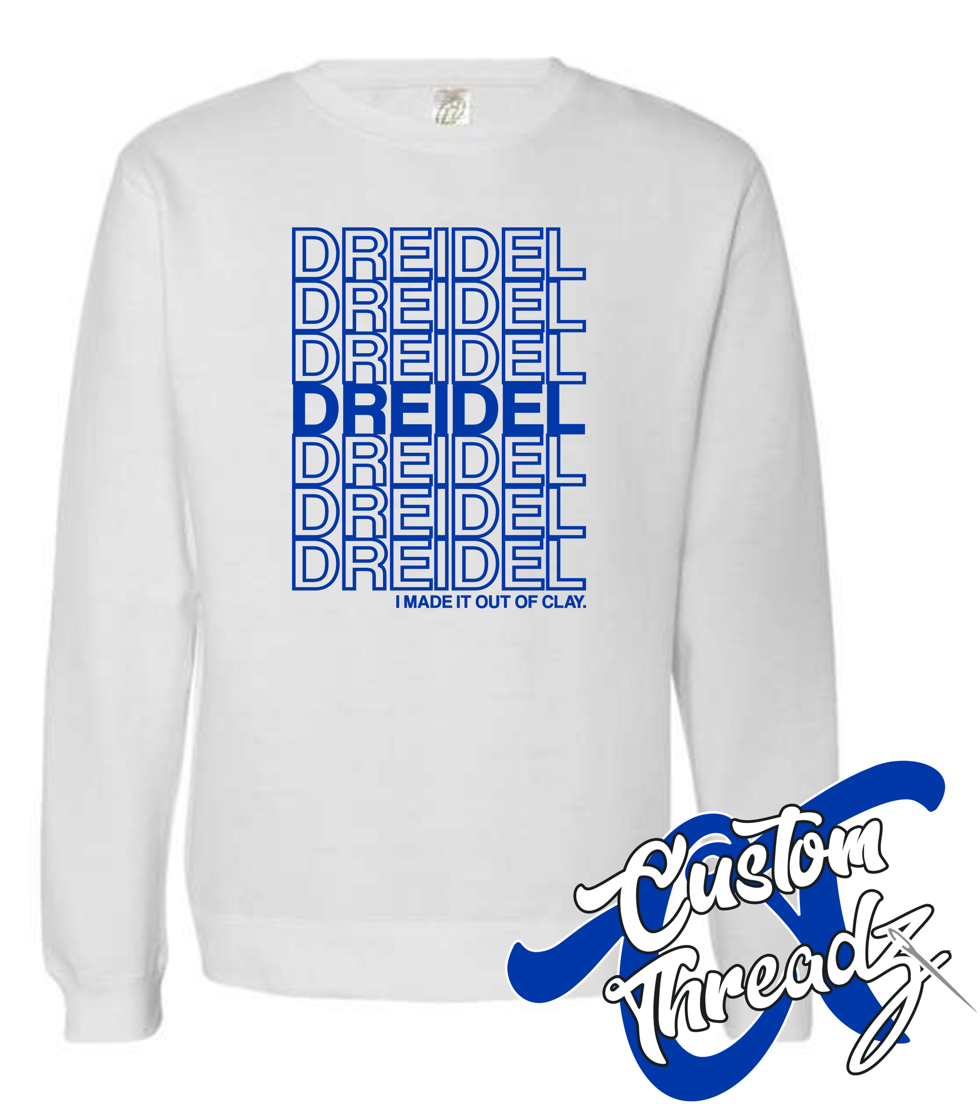 white crewneck sweatshirt with hanukkah dreidel DTG printed design