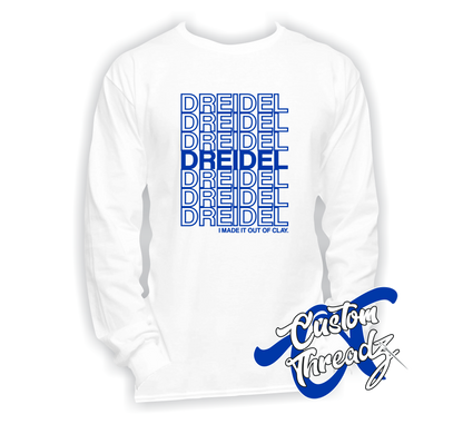 white long sleeve tee with hanukkah dreidel DTG printed design
