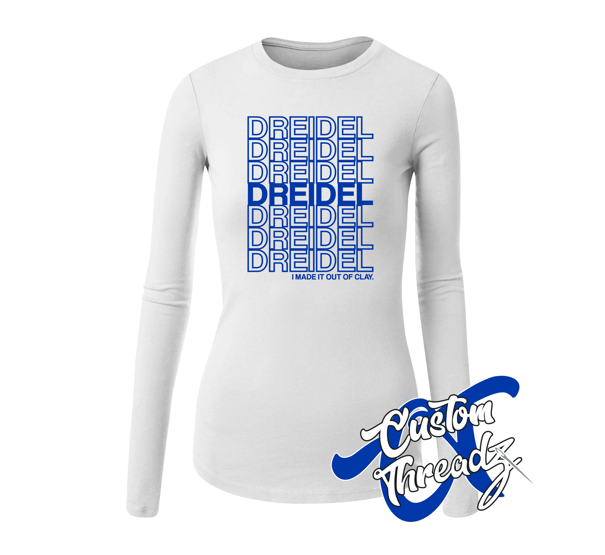 white womens long sleeve tee with dreidel dreidel hanukkah DTG printed design
