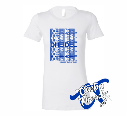 white womens tee with dreidel dreidel hanukkah DTG printed design