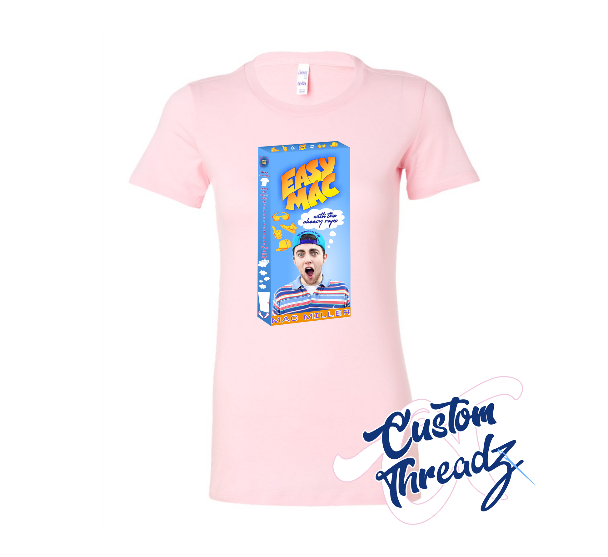 pink womens tee with easy mac mac miller macaroni and cheese box DTG printed design