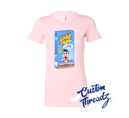 pink womens tee with easy mac mac miller macaroni and cheese box DTG printed design