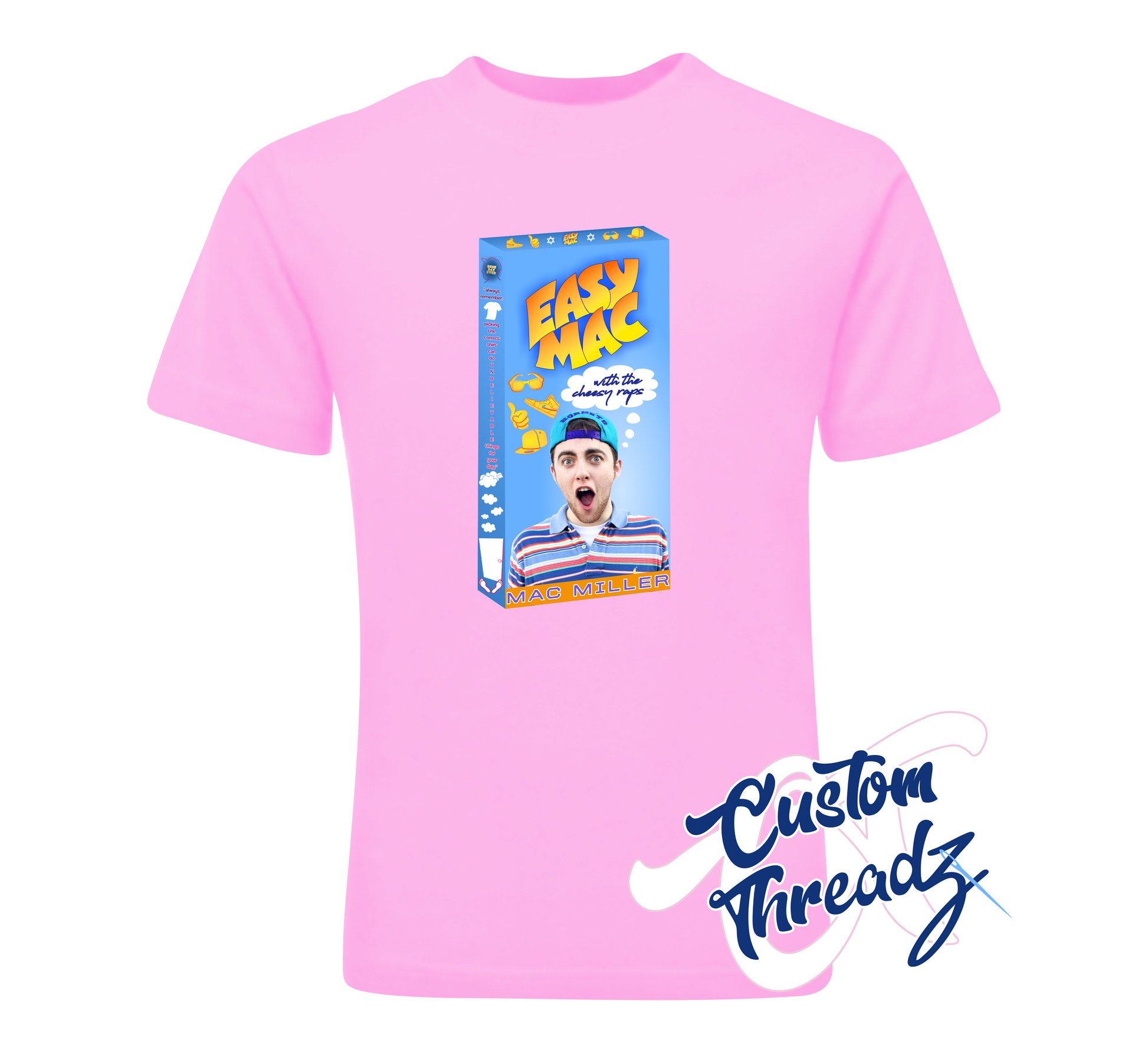 pink tee with easy mac mac miller mac and cheese box DTG printed design