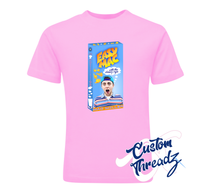 pink tee with easy mac mac miller mac and cheese box DTG printed design