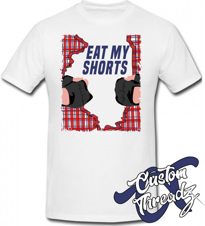 white youth tee with eat my shorts breakfast club DTG printed design