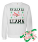 white crewneck sweatshirt christmas fa la llama DTG printed design