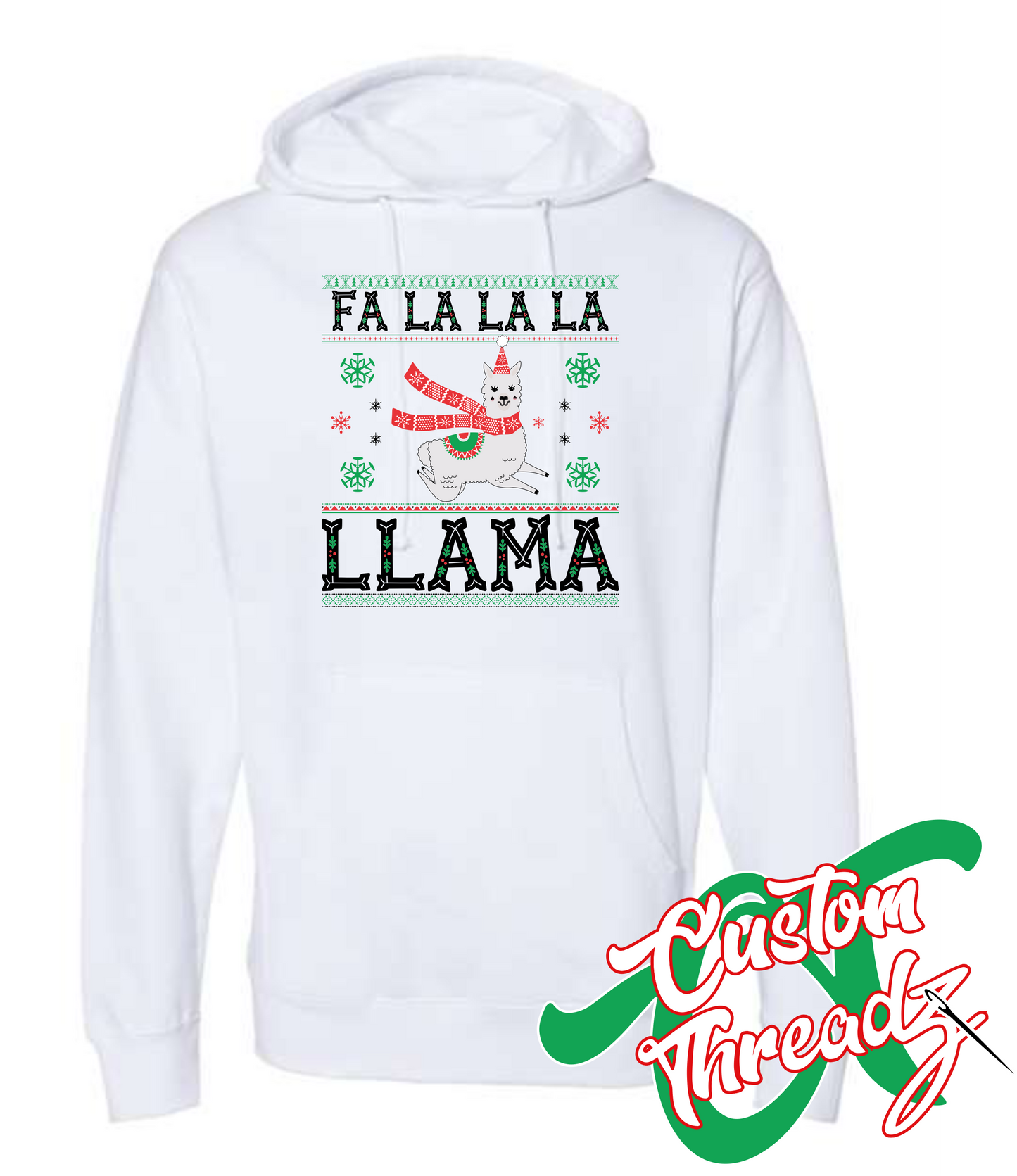 white hoodie christmas fa la llama DTG printed design