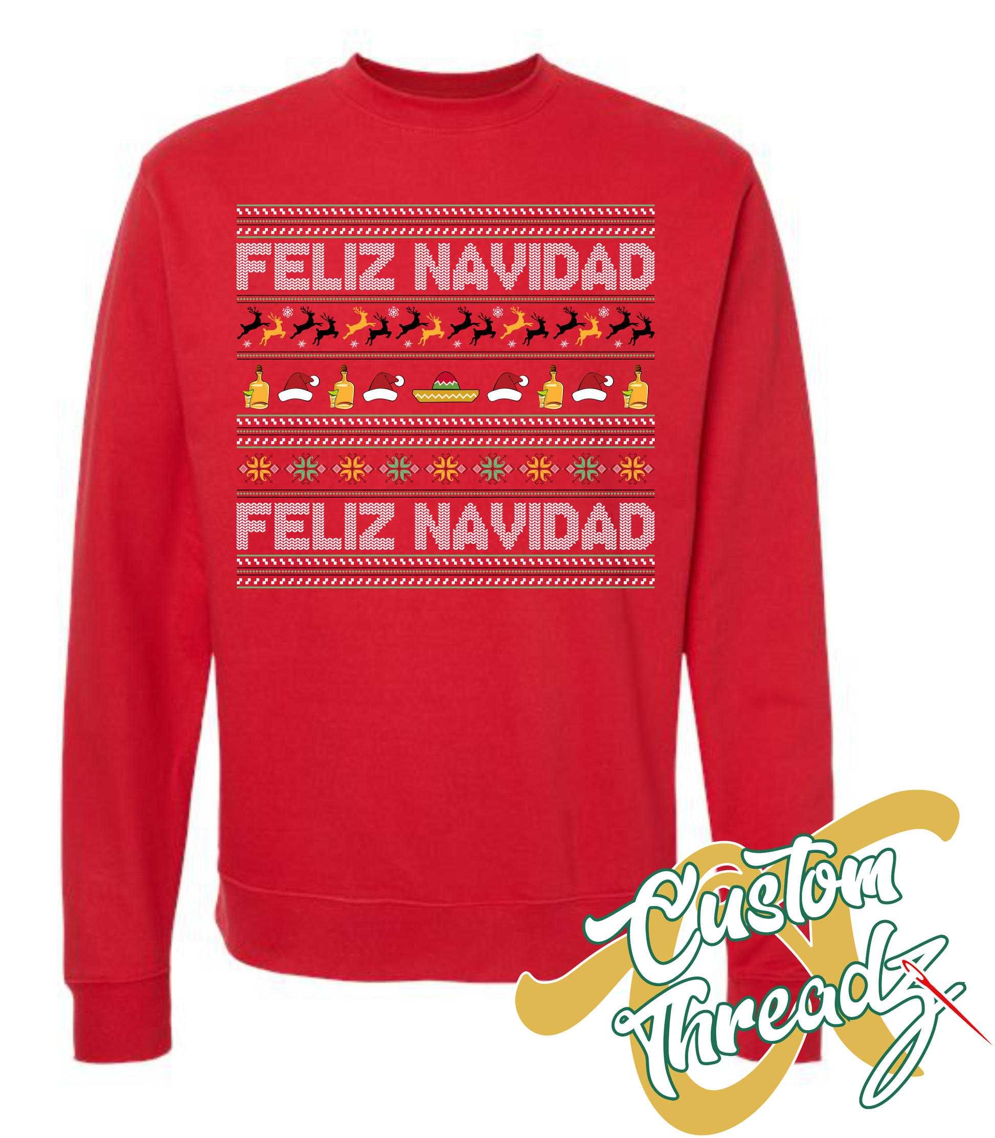 red crewneck sweatshirt christmas feliz navidad DTG printed design