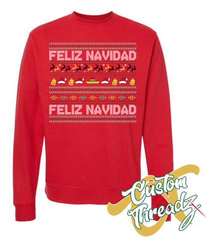 red crewneck sweatshirt christmas feliz navidad DTG printed design