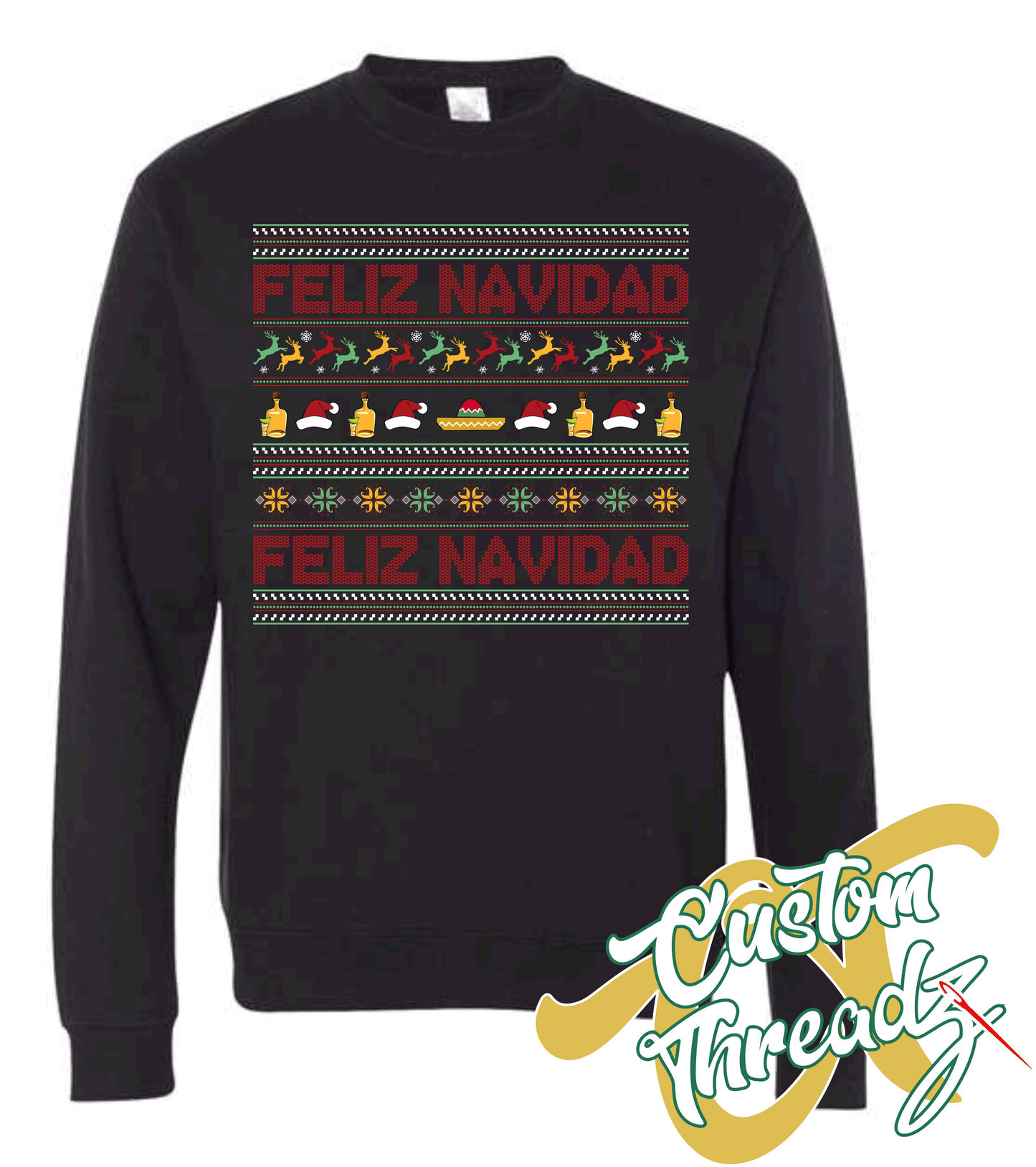 black crewneck sweatshirt christmas feliz navidad DTG printed design