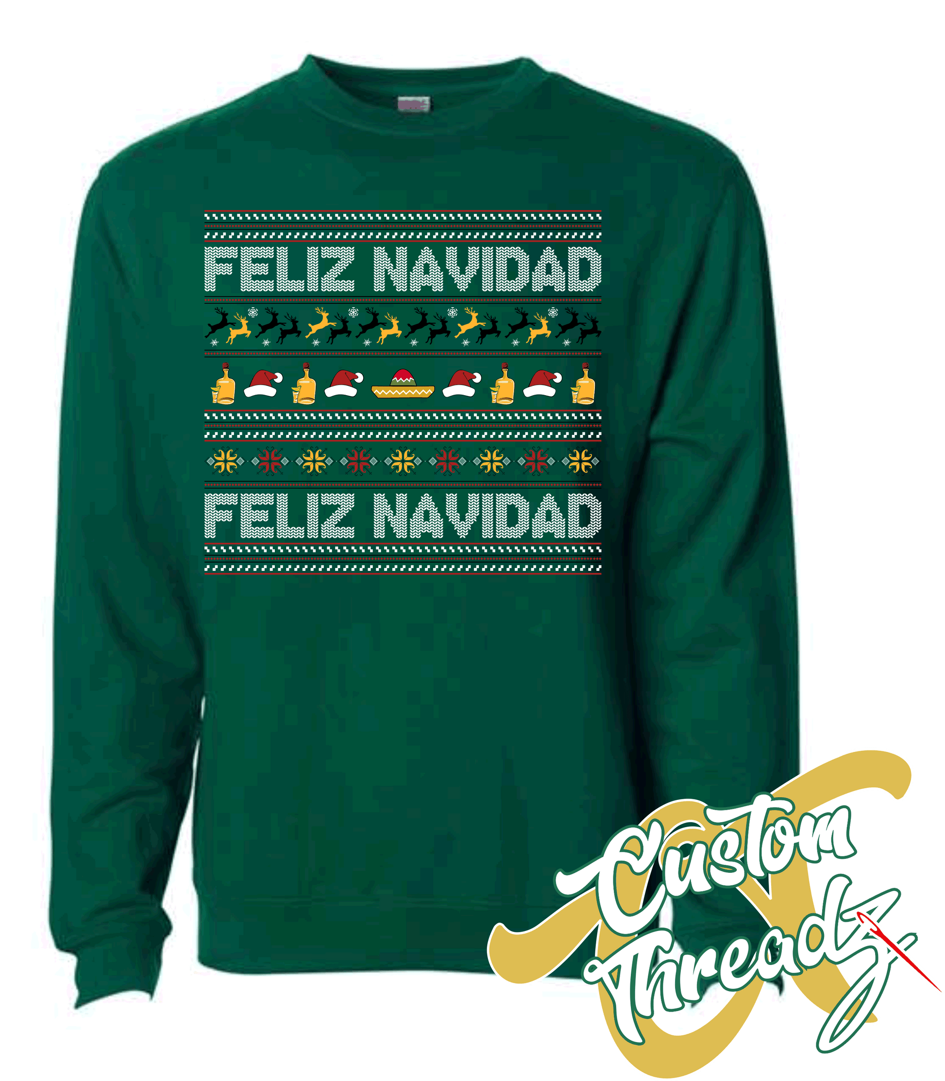 green crewneck sweatshirt christmas feliz navidad DTG printed design