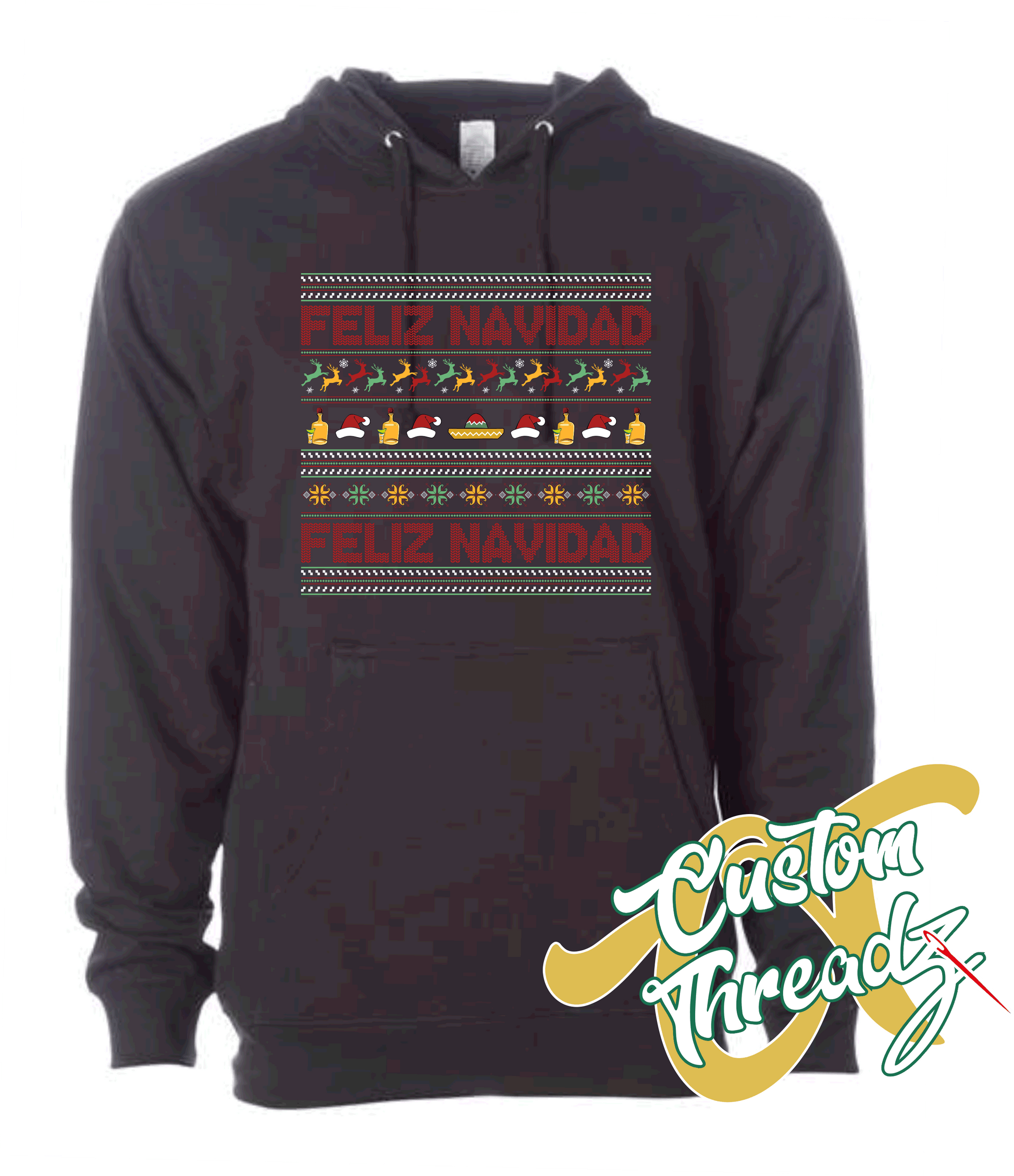 black hoodie christmas feliz navidad DTG printed design