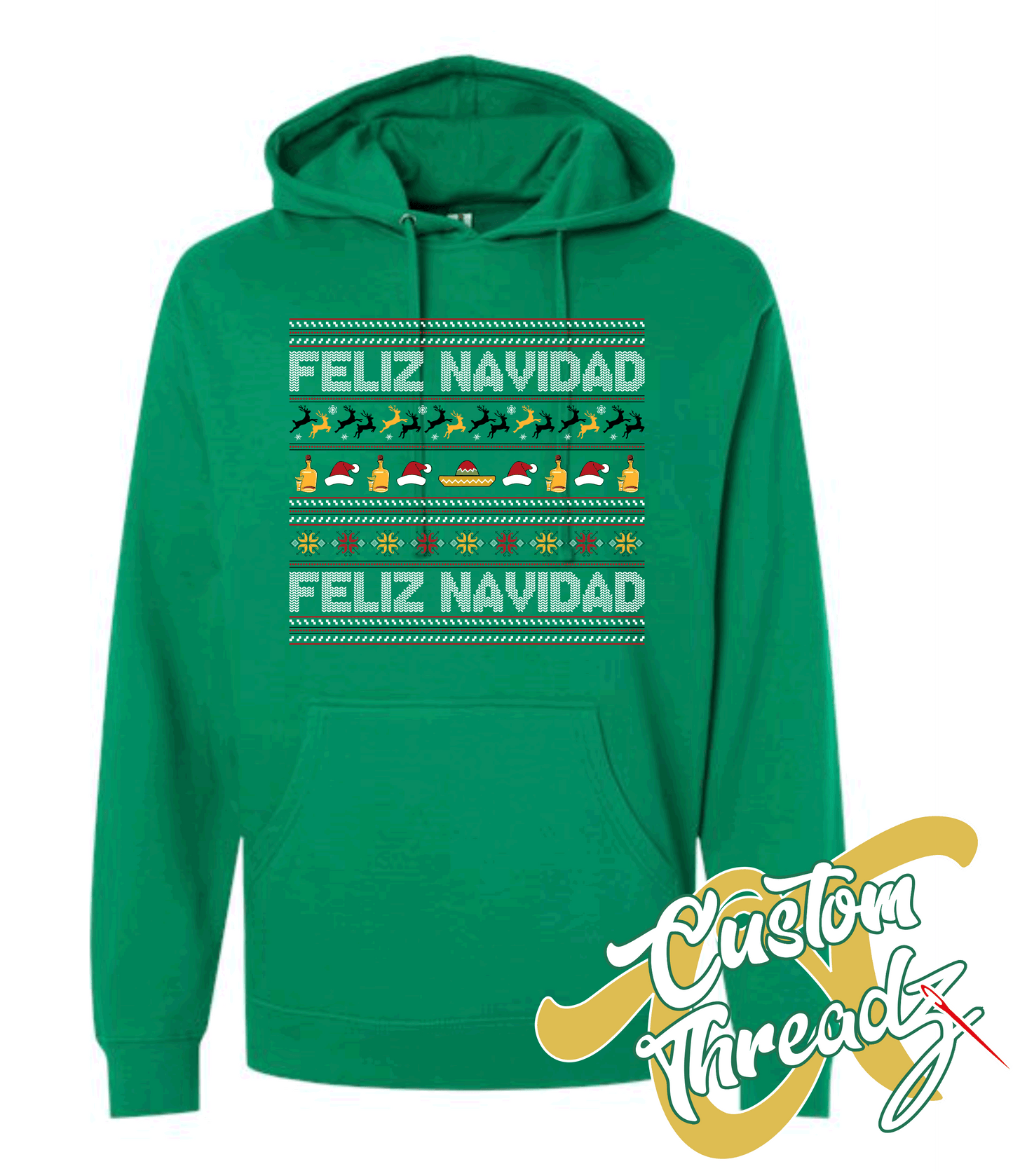 green hoodie christmas feliz navidad DTG printed design