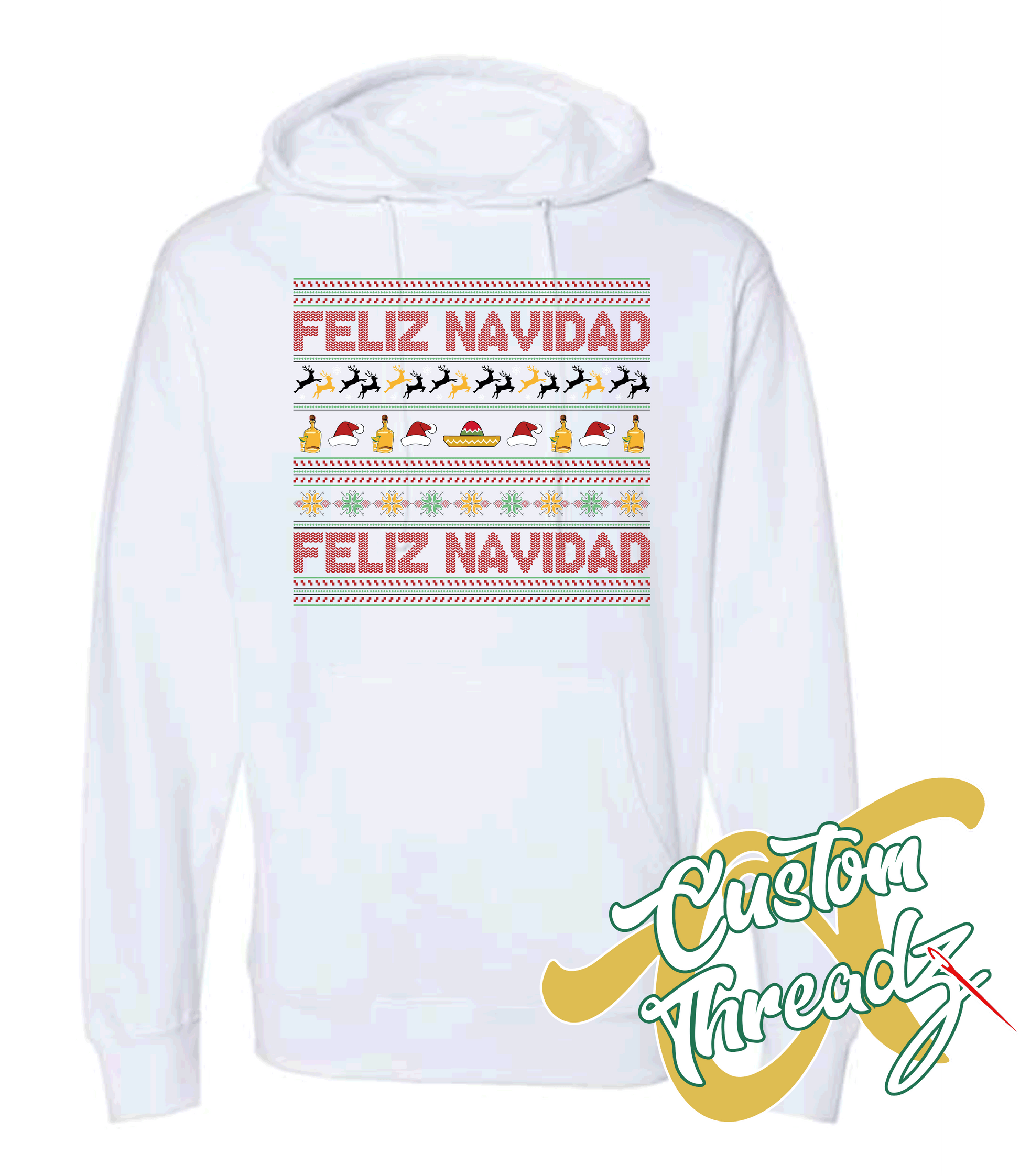 white hoodie christmas feliz navidad DTG printed design