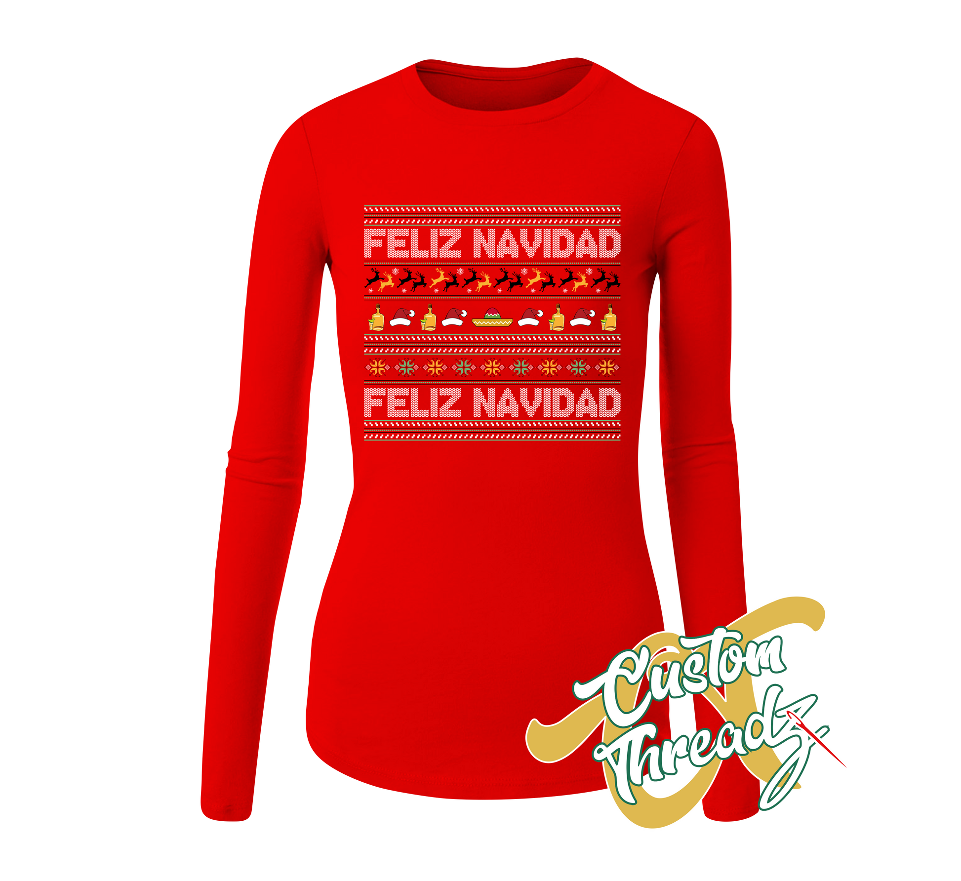 red womens long sleeve tee with feliz navidad christmas sweater style DTG printed design