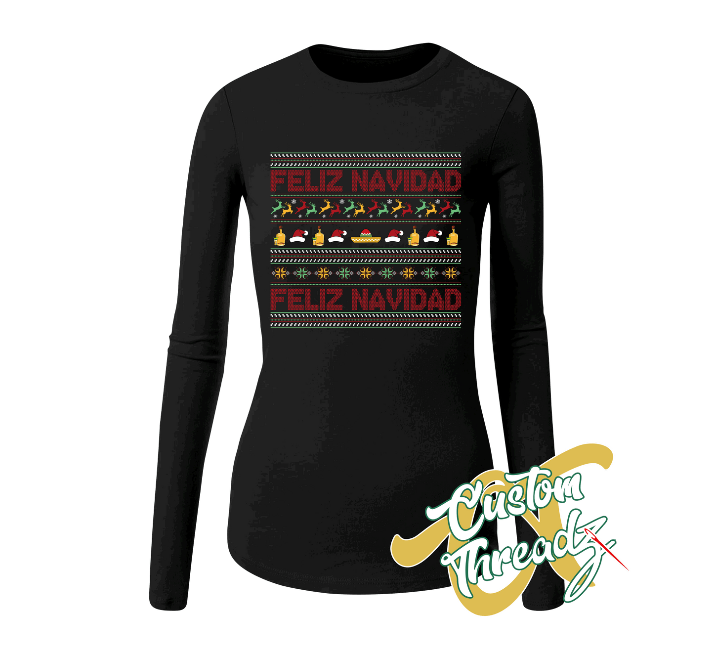 black womens long sleeve tee with feliz navidad christmas sweater style DTG printed design