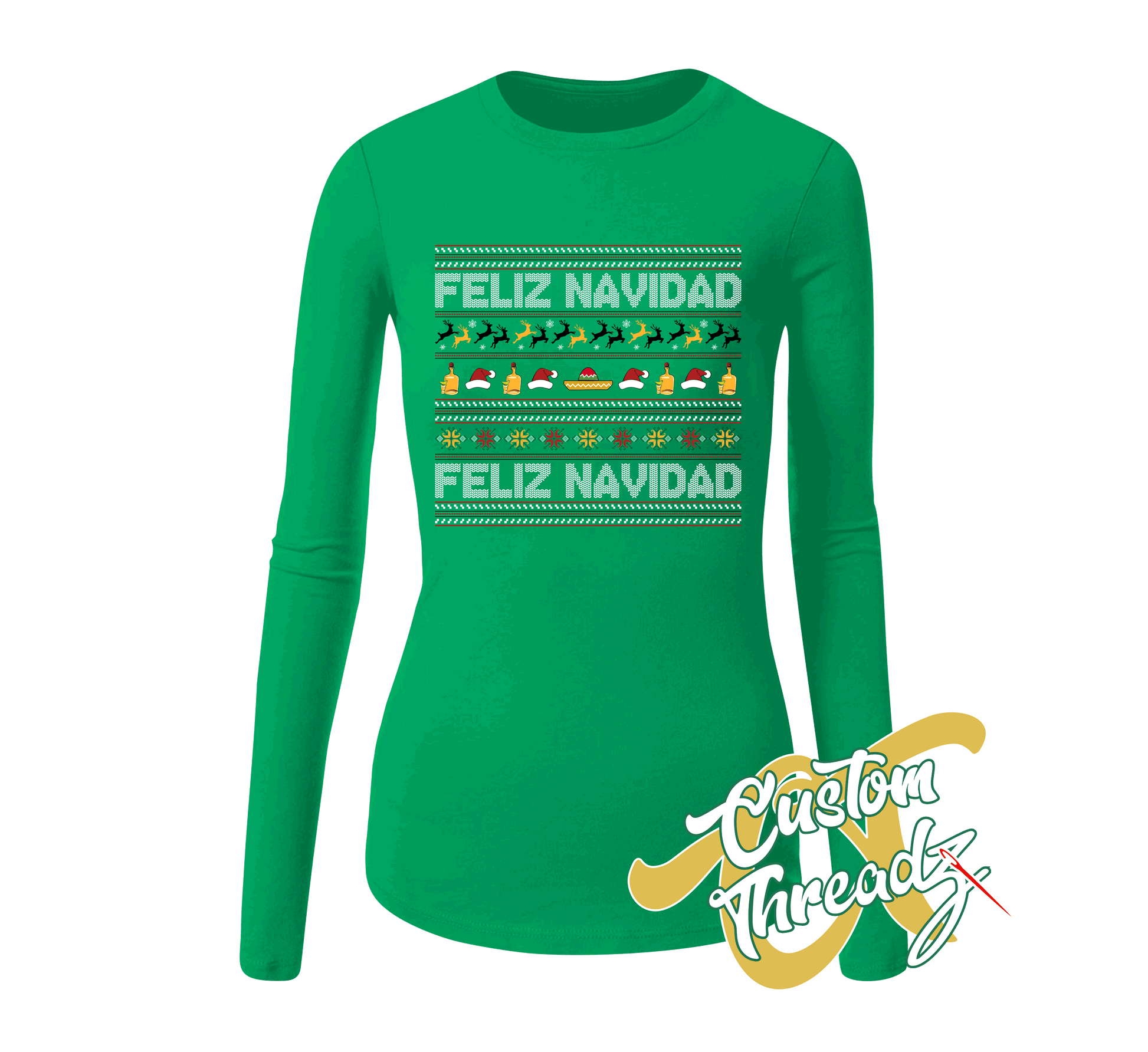 green womens long sleeve tee with feliz navidad christmas sweater style DTG printed design