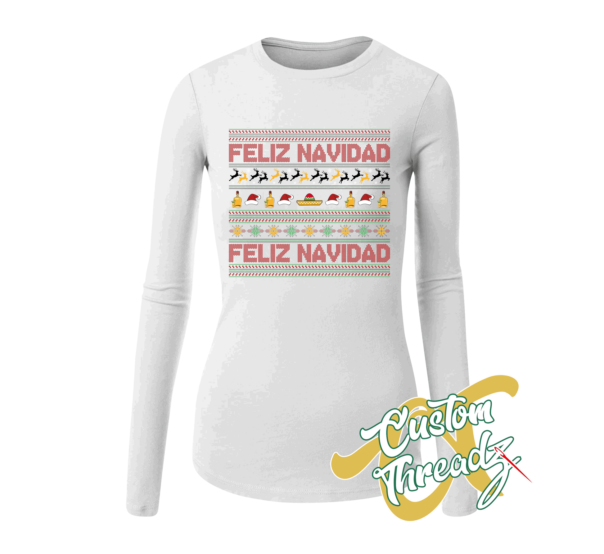 white womens long sleeve tee with feliz navidad christmas sweater style DTG printed design