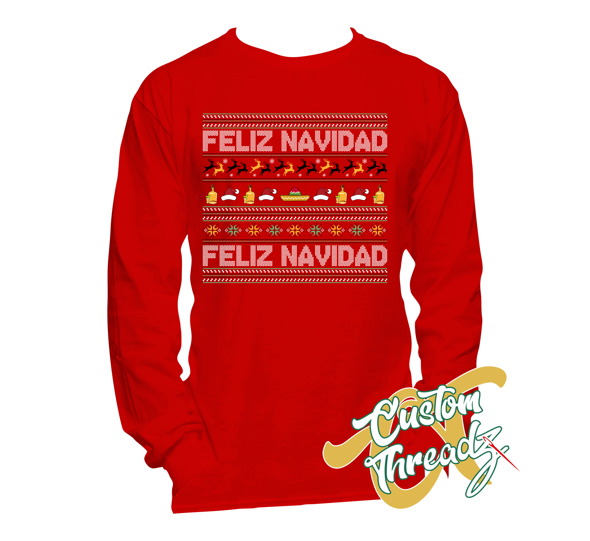 red long sleeve tee with feliz navidad christmas DTG printed design