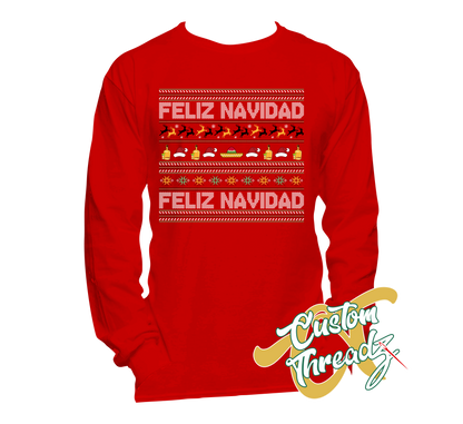 red long sleeve tee with feliz navidad christmas DTG printed design