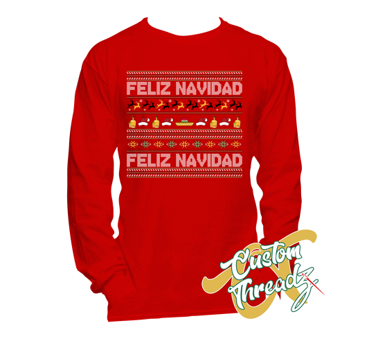 red long sleeve tee with feliz navidad christmas DTG printed design