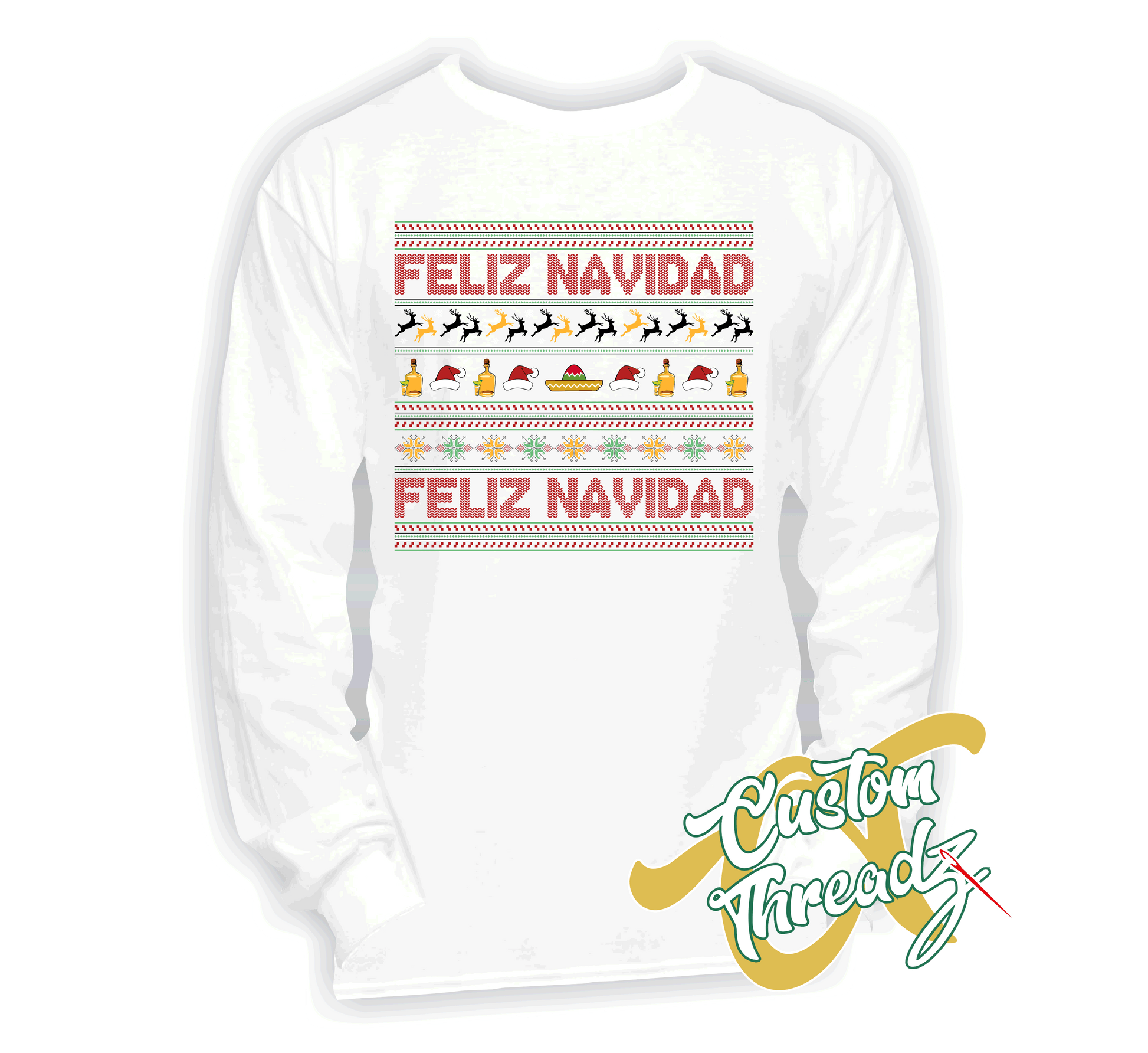 white long sleeve tee with feliz navidad christmas DTG printed design