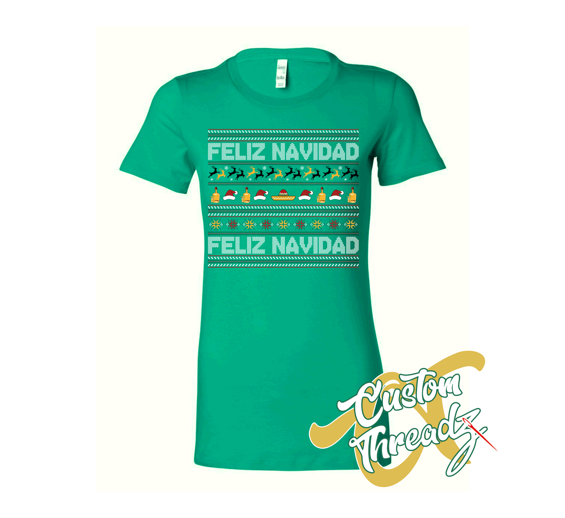 green womens tee with feliz navidad christmas sweater style DTG printed design