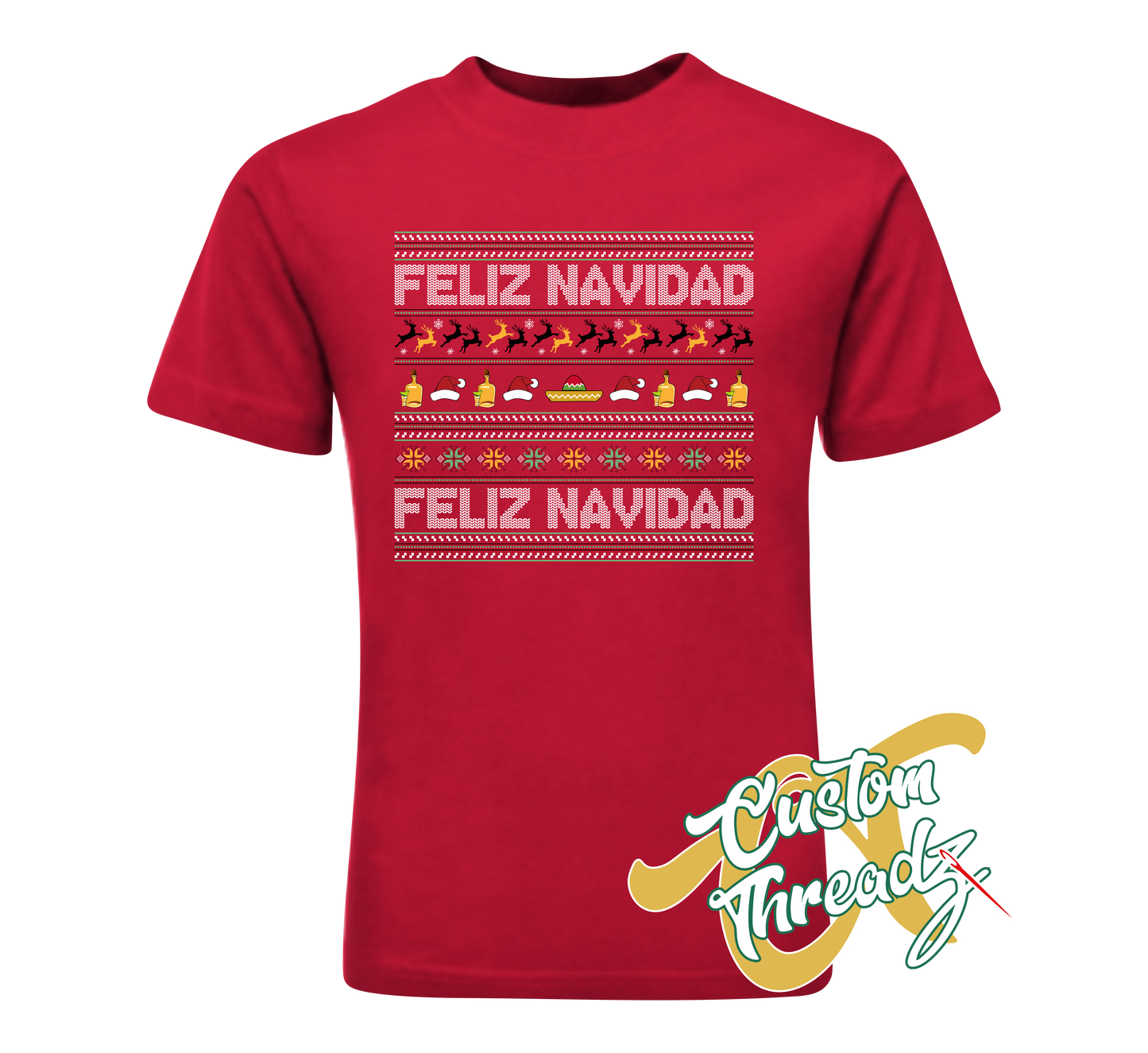 red t-shirt with feliz navidad christmas DTG printed design